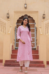 Pink Embroidered Viscose Kurta with Printed Cotton Pant-P1344PINK